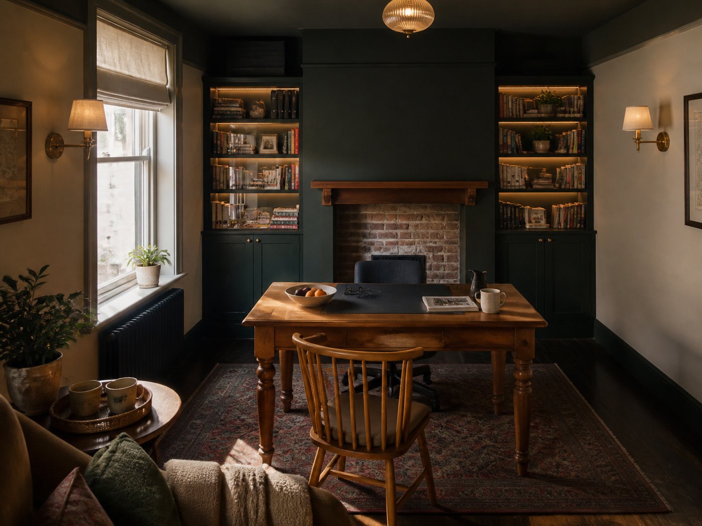 Photoreal AI interior render of a Victorian home office with fitted alcove bookshelves